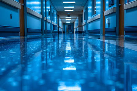 Bright and well-lit modern hospital hallway featuring a clean, sterile environment with reflective blue floor, blue walls, overhead fluorescent lighting, and handrails. this image emphasizes the cleanliness and professional atmosphere of a healthcare facility. ideal for medical-related designs or healthcare industry visual content. Generative AIの素材