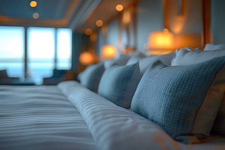 A cozy luxury hotel bedroom featuring plush pillows, soft lighting, and a serene ocean view. the bedding is neatly arranged, creating a comfortable atmosphere perfect for relaxation. background lights add warmth, enhancing the inviting ambiance. Generative AIの素材