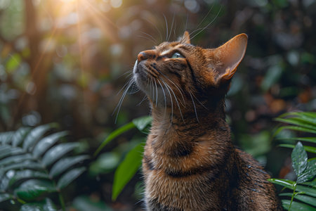 A close-up of a tabby cat gazing upward while surrounded by lush greenery and sunlit foliage. the focused cat, with detailed stripes and attentive expression, creates a serene, nature-inspired scene, ideal for use in pet and wildlife-themed projects. Generative AIの素材