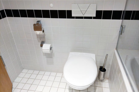 Modern bathroom interior featuring a clean, white tiled design. the space includes a wall-mounted toilet with dual toilet paper holders, a flush button, and a toilet brush with holder, creating a minimalist and functional aesthetic.の写真素材