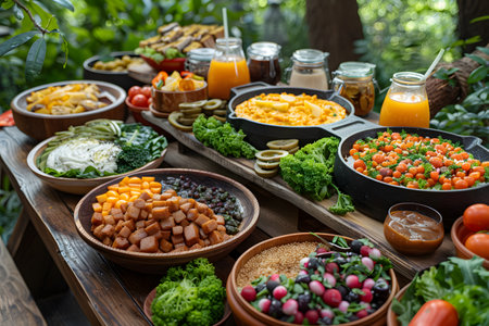 A colorful and inviting outdoor brunch setup featuring an assortment of fresh vegetables, fruits, and juices. the rustic wooden table is adorned with a variety of salads, cheeses, condiments, and refreshing drinks, ideal for a summertime picnic. Generative AIの素材