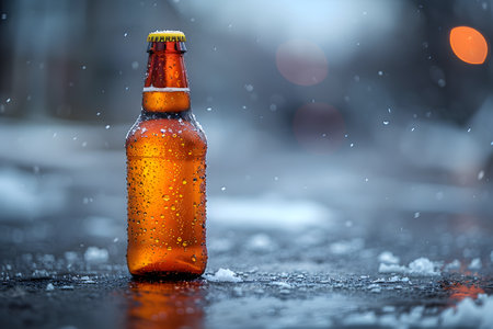 A beer bottle stands on a snowy street, illuminated by soft evening lights. the bottle is covered with condensation, enhancing its refreshing allure. this atmospheric winter scene underscores relaxation and leisure even in chilly weather. Generative AIの素材