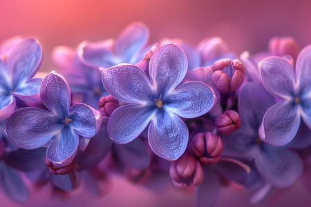 Purple and pink lilac flowers fully bloomed and in soft focus, creating a dreamy and delicate aesthetic. the beautifully intricate petals and gentle gradients in color evoke a sense of serenity and elegance, ideal for spring-themed decor and nature-inspired artistic projects. Generative AIの素材