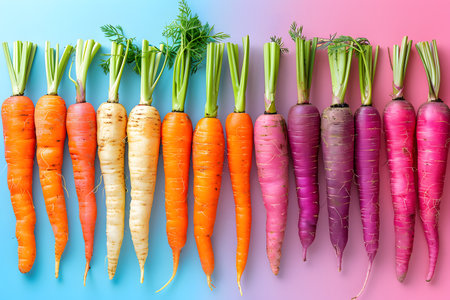 Fresh whole carrots in various colors, including orange, yellow, white, and purple, are neatly arranged in a row on a vibrant gradient background. perfect for illustrating concepts of health, nutrition, and organic farming. Generative AIの素材