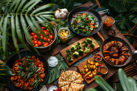 A vibrant outdoor feast featuring a variety of fresh vegetables, grilled chicken, exotic dips, and flatbread, all served on a wooden table surrounded by lush greenery. ideal for summer garden parties and gatherings, showcasing healthy and delicious culinary creations. Generative AIの素材