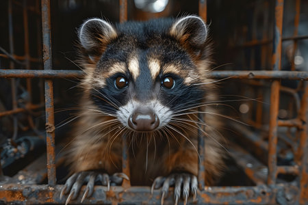 Close-up view of a raccoon inside a rusty cage, wildlife conservation and animal welfare efforts. the image focuses on the raccoon's expressive eyes and natural fur patterns, emphasizing the importance of rescue and rehabilitation. Generative AIの素材