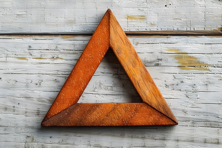 Rustic wooden triangle frame set against a weathered white wooden background, showcasing a blend of natural textures and geometric simplicity. perfect for home decor, art projects, or as a design element in various creative applications. Generative AIの素材