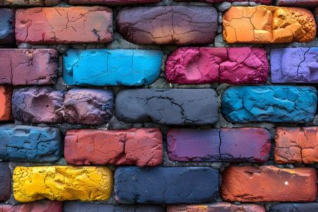 A visually striking brick wall featuring vividly colored bricks in shades of blue, red, purple, yellow, and orange. the textured, cracked surface of the bricks adds depth and character. perfect for creative backgrounds, design inspiration, and artistic projects. Generative AIの素材