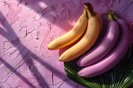 Yellow and purple bananas arranged on a green leaf against a textured pink background. shadows add depth and contrast. suitable for tropical-themed designs, fashionable prints, and modern interior decor concepts. Generative AIの素材