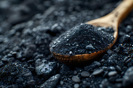 High-definition close-up of black sand piled on a wooden spoon, showcasing the granular texture and rich dark tones. ideal for themes related to nature, minerals, exotic landscapes, or unique textures, suitable for use in design, print, and digital mediums. Generative AIの素材