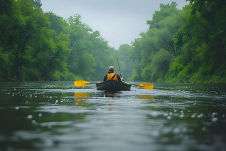 Kayaker navigates a calm, mist-covered river surrounded by lush green forest. the serene, natural setting is ideal for outdoor and nature-focused designs, emphasizing adventure, tranquility, and the beauty of the wilderness. Generative AIの素材