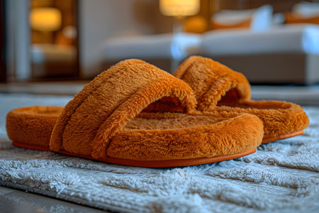 Vibrant orange plush slippers rest on a textured carpet in a cozy, well-decorated bedroom. with a warm ambiance and comfortable setting, these slippers symbolize relaxation, home comfort, and modern interior design. Generative AIの素材