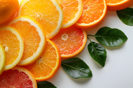 A visually appealing arrangement of fresh citrus slices, including oranges, lemons, and grapefruits, displayed on a clean white background. bright green leaves accentuate the colorful fruits, emphasizing freshness, health, and natural beauty. Generative AIの素材