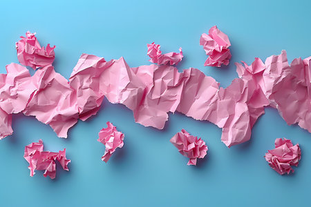 Pink crumpled paper scattered artistically over a blue background, creating an abstract, eye-catching pattern. perfect for art enthusiasts, design projects, print materials, cards, and posters seeking a modern, creative touch. Generative AIの素材