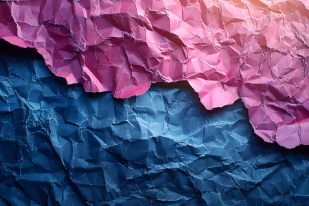 Vibrant, crumpled paper texture showcasing a contrast of pink and blue hues with dynamic lighting and shadow interplay. ideal for contemporary artistic projects, digital graphics, backgrounds, and design inspiration. Generative AIの素材