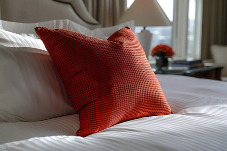 Elegant bedroom featuring a red checkered pillow on a neatly made bed with white sheets. soft natural light filters through sheer curtains, casting a warm glow. a lamp and a vase with red flowers add to the cozy ambiance. Generative AIの素材