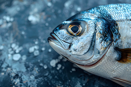 High-resolution close-up of a fresh fish with detailed scales, laying on a bed of ice. perfect for use in culinary promotions, seafood market advertising, restaurant menus, and marine life educational materials. Generative AIの素材