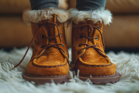 Close-up of brown fur-lined boots on a soft white rug, evoking a sense of warmth and cozy winter style. the detailed texture and fur trim of the boots highlight seasonal fashion trends and comfort priorities, perfect for winter wardrobe essentials. Generative AIの素材