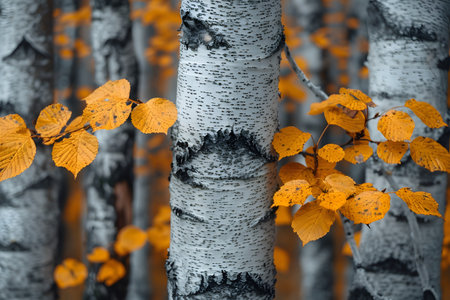 Close-up view of white birch trees adorned with vibrant orange leaves in an autumn forest. the contrast between the white bark and bright foliage highlights the beauty of the fall season, perfect for nature and seasonal design projects. Generative AIの素材