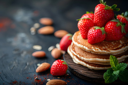 Delicious stack of golden pancakes garnished with ripe, vibrant strawberries, set on a rustic dark wooden surface. scattered almonds and mint leaves add a hint of freshness and texture, creating a visually appealing and appetizing composition perfect for breakfast-themed designs. Generative AIの素材