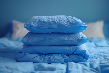 A serene bedroom interior featuring a neatly arranged stack of blue pillows and bed sheets on a neatly made bed. the calming blue tones and soft textures evoke a sense of peace and relaxation, ideal for promoting restful sleep and comfort. Generative AIの素材