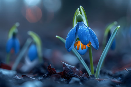 Close-up of bluebell flowers adorned with water droplets in a tranquil, nature-inspired setting. the background features a soft bokeh effect, emphasizing the delicate beauty and freshness of the flowers. Generative AIの素材