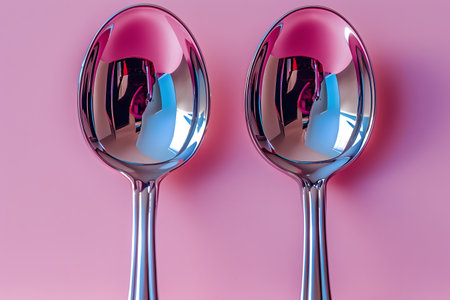Two polished metallic spoons are placed side by side on a pastel pink background, creating unique reflections. the high contrast between the cool metallic tones and the warm pink backdrop evokes a sense of modern art and abstract design. Generative AIの素材