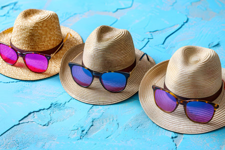 Three fashionable straw hats, each paired with vibrant, colorful sunglasses, seamlessly aligned on a textured light blue surface. ideal summer essentials, these accessories evoke a fun and trendy vacation vibe, perfect for seasonal marketing. Generative AIの素材