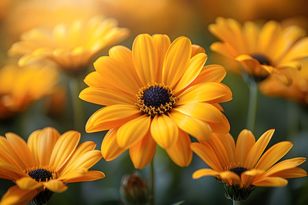 Vibrant yellow daisies in full bloom under soft sunlight, showcasing nature's beauty. ideal for nature-themed print designs, posters, and greeting cards, this image highlights the intricate details and striking colors of these cheerful flowers. Generative AIの素材