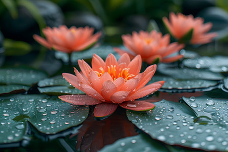 Vibrant water lilies displaying soft pink petals and adorned with morning dew rest gracefully on green leaves in a tranquil pond setting, creating a serene and captivating nature scene suitable for various design purposes including posters and prints. Generative AIの素材