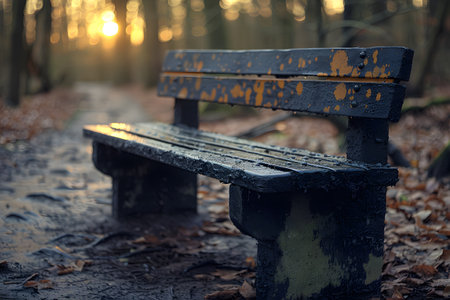 Weathered wooden bench situated along a forest path at sunset, surrounded by fallen autumn leaves. the serene atmosphere and golden sunlight filtering through the trees create a peaceful, tranquil scene ideal for nature and outdoor-themed designs. Generative AIの素材