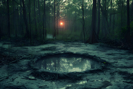 Mystical forest scene at sunrise, with the sun glowing through dense trees, illuminating a misty landscape. a reflective pond creates a focal point, adding depth and tranquility to the serene wilderness atmosphere. Generative AIの素材