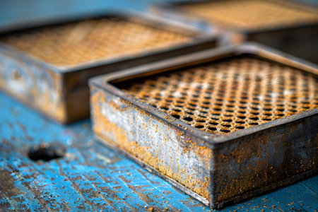 Close-up view of rusty metal grates resting on a weathered blue surface, showcasing intricate textures and patterns. perfect for industrial themes, retro designs, background textures, or urban decay concepts. Generative AIの素材