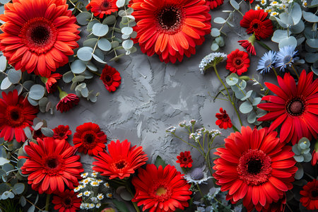A beautiful arrangement of red gerbera daisies and eucalyptus leaves surrounds a textured gray background, creating a striking contrast. ideal for seasonal decor, backgrounds, invitations, or holiday-themed designs. Generative AIの素材