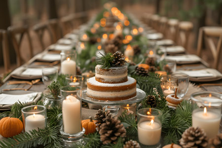A beautifully set woodland wedding reception table features a rustic naked cake adorned with pinecones. surrounded by flickering candles, evergreen branches, and mini pumpkins, the setting creates a warm, inviting atmosphere perfect for an autumn celebration. Generative AIの素材