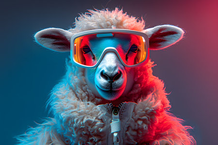 A uniquely styled sheep wearing vibrant neon sunglasses against a dynamic blue and red background. this creative image combines elements of surrealism and modern fashion, perfect for contemporary designs and trendsetting projects. Generative AIの素材