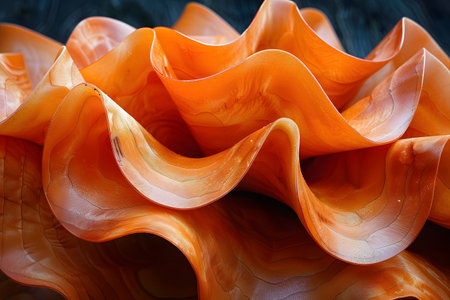 Vibrant and intricate close-up of an abstract glass sculpture, showcasing flowing orange waves and ripples. the textured design emphasizes the artistry and elegance suitable for modern interior decoration or creative inspiration. Generative AIの素材