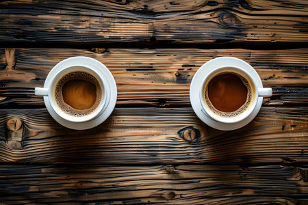 Two white coffee cups sit on a rustic wooden table, creating a cozy and inviting atmosphere. the textured wood and rich coffee tones evoke warmth, making it ideal for home decor or cafe promotions. Generative AIの素材