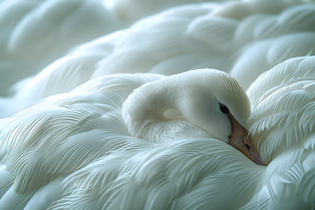 Swan nestled in its delicate feathers, showcasing the intricate details and textures of nature. the serene white tones evoke elegance and tranquility, the swan's natural beauty in a peaceful setting. Generative AIの素材
