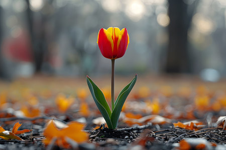 A striking red and yellow tulip stands tall amidst a carpet of fallen autumn leaves in a tranquil park. the soft bokeh background highlights the beauty and resilience of the single bloom emerging from the earth. Generative AIの素材