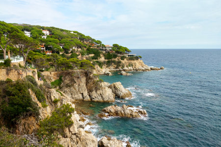 Mediterranean coastal landscape featuring rugged cliffs, emerald waters, and pine-covered hills....