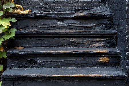 Weathered black brick stairs show age and character against a backdrop of climbing greenery. the textured surfaces and rustic charm offer a unique urban aesthetic, perfect for modern design inspiration. Generative AIの素材