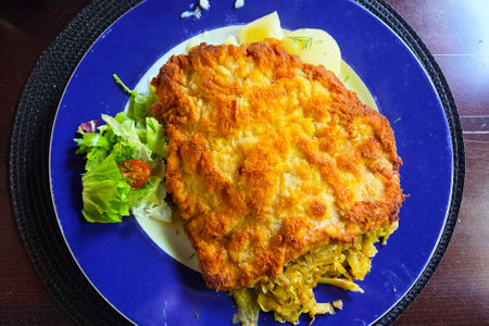 A delectable crispy breaded schnitzel served with a side of fresh mixed salad and flavorful cabbage on a vibrant blue plate. the combination of textures and colors makes for a visually appetizing culinary display.の写真素材