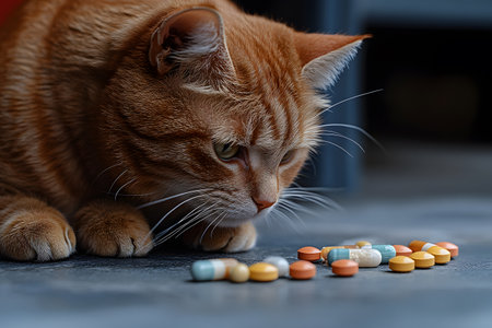 A ginger cat closely observes a scattered assortment of colorful pills on the floor, themes of pet health, medication safety, and veterinary care. the image underscores the importance of keeping medications out of reach of pets. Generative AIの素材