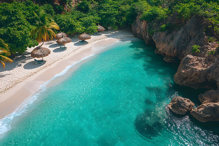 A breathtaking tropical beach featuring pristine white sand, clear turquoise waters, and lush greenery. palm-fringed umbrellas and sunbeds offer a tranquil setting for relaxation and escape. Generative AIの素材