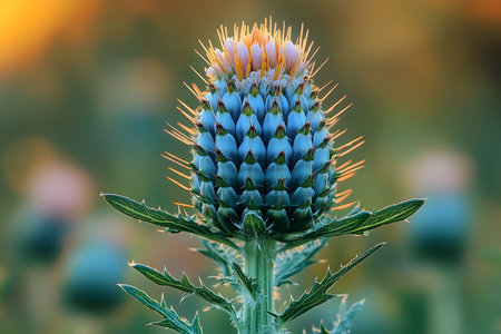 Close-up of a vibrant thistle blossom, its intricate patterns and vivid colors against a warm sunset background. the soft focus and lighting emphasize the botanical textures, perfect for nature-themed projects. Generative AIの素材