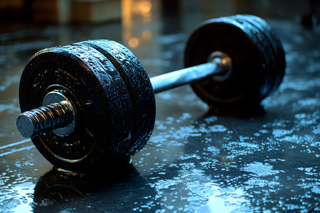 Black dumbbell rests on a wet gym floor, reflecting light and showcasing a sense of power and dedication. water droplets highlight the gritty essence of serious workout routines and strength training intensity. Generative AIの素材