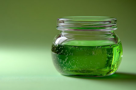 Green gel with bubbles is contained in a transparent glass jar, set against a matching green background. the imagery emphasizes the clarity and texture, freshness and cleanliness. Generative AIの素材
