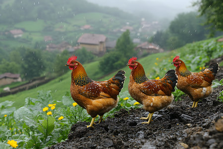Three vibrant chickens walk along a lush hillside path in a misty countryside landscape. nestled among blooming yellow flowers, the scene tranquility of rural life with villages and green hills in the distance. Generative AIの素材