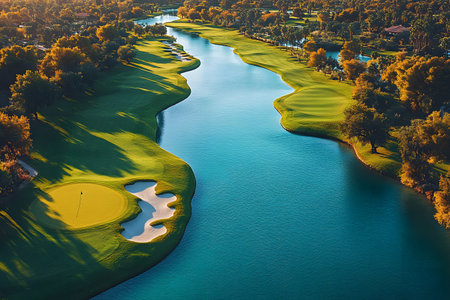 Aerial view showcasing a picturesque golf course at sunset, featuring a winding waterway and lush, tree-lined fairways. the calm water reflects the evening light, creating a serene and inviting atmosphere. Generative AIの素材